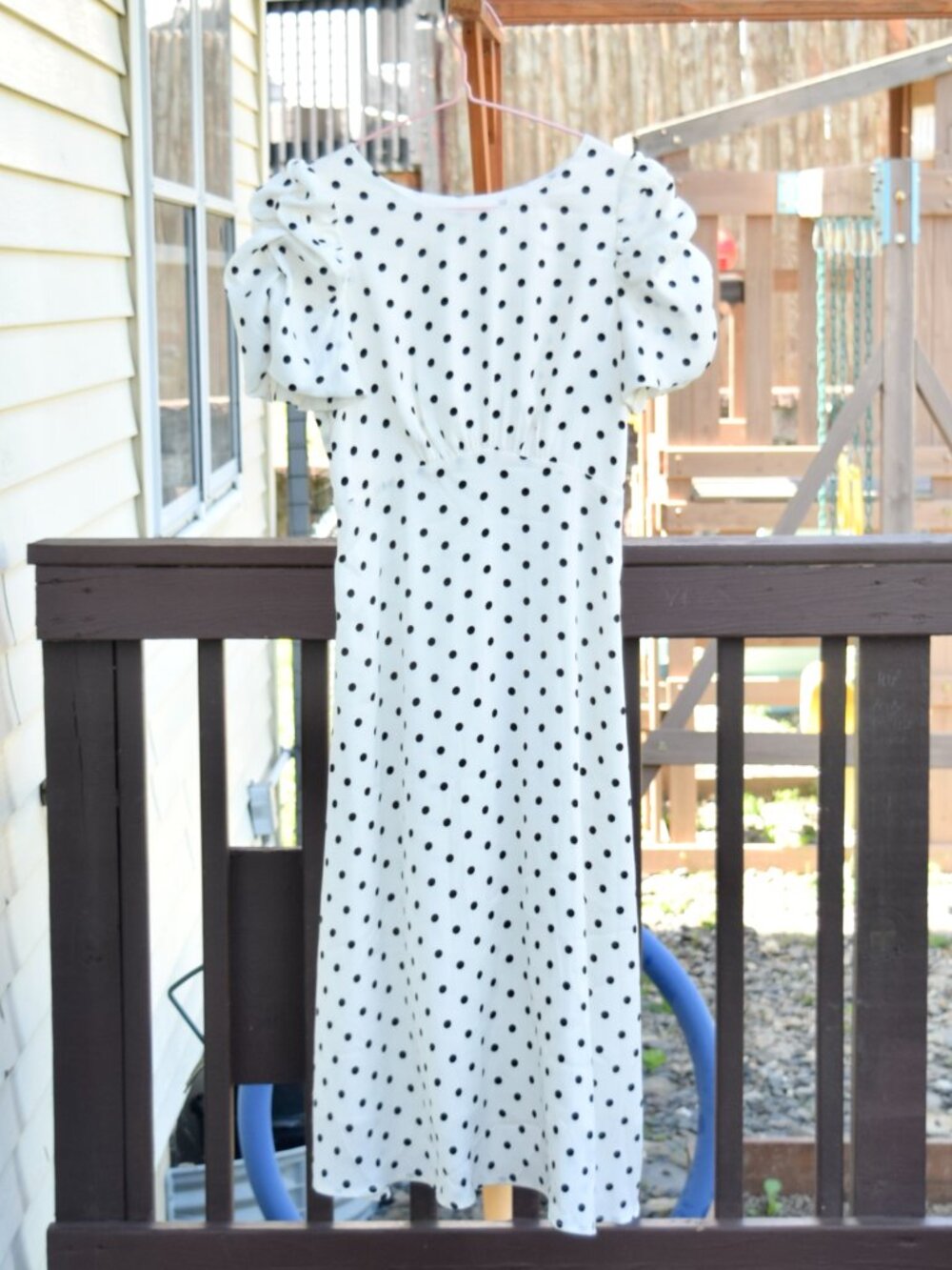 White Black Dotted Long Dress Short Sleeve
